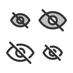 Pixel-perfect linear icon of eye crossed out built on two base grids of 32x32 and 24x24 pixels. The initial base line weight is 2 pixels. In two-color and one-color versions. Editable strokes