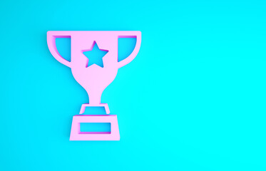 Pink Award cup icon isolated on blue background. Winner trophy symbol. Championship or competition trophy. Sports achievement sign. Minimalism concept. 3d illustration 3D render