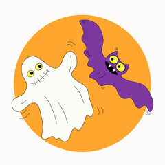 Halloween holiday. Bat and ghost. Vector icons, bright colors. Doodle. Isolated background.
