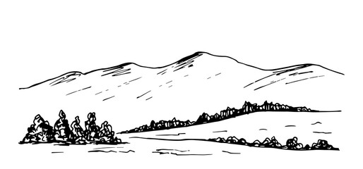 Simple hand-drawn vector drawing in black outline. Mountain landscape, trees, bushes, wildlife. Panoramic view. For prints, postcard, tourism and travel.