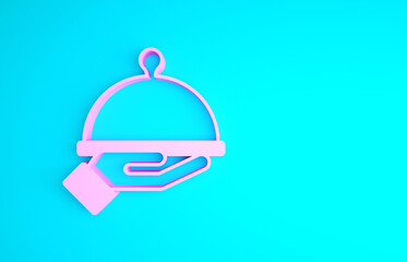 Pink Covered with a tray of food icon isolated on blue background. Tray and lid sign. Restaurant cloche with lid. Minimalism concept. 3d illustration 3D render