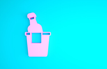 Pink Bottle of champagne in an ice bucket icon isolated on blue background. Minimalism concept. 3d illustration 3D render