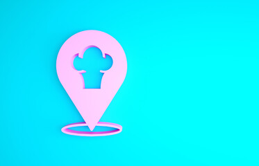 Pink Chef hat with location icon isolated on blue background. Cooking symbol. Cooks hat. Minimalism concept. 3d illustration 3D render