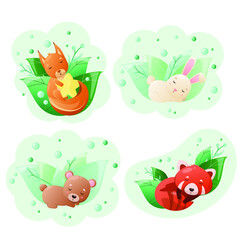 Cute forest animals sleep in green leaves. A set of children's illustrations. Squirrel, hare, bear and red panda.Nursery