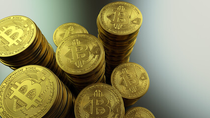 Golden Bitcoins. New virtual money. 3d rendering.