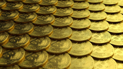 Stairs of bitcoin coins like scales, or pile. 3d illustration
