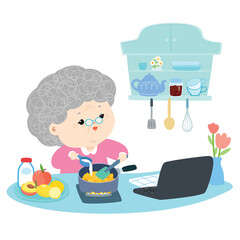 Happy grandmother is cooking food in her kitchen 
by using recipe from the internet vector illustration.
Learning cooking online from home. 