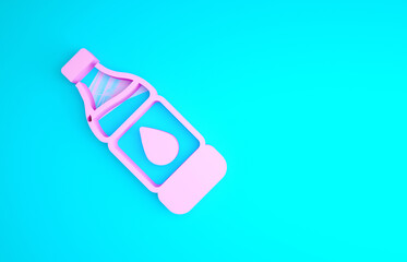 Pink Bottle of water icon isolated on blue background. Soda aqua drink sign. Minimalism concept. 3d illustration 3D render