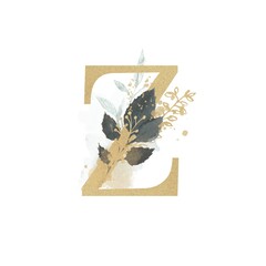 Alphabet Z with watercolor leaves and twigs 