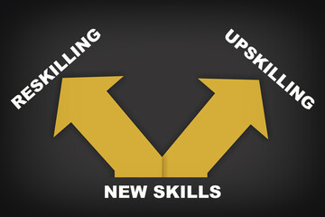 Reskilling and upskilling direction with yellow arrow on grey background. New skills development concept and power of learning idea