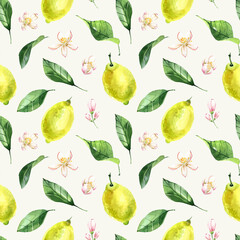 Hand drawn watercolor pattern. A pattern of lemons, leaves, flowers, branches. Lemon pattern for textiles, napkins, scrapbooking, backgrounds