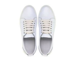 White pair of sneakers isolated on white background. View from above.
