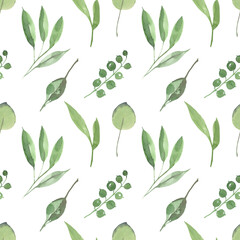 Hand drawn watercolor pattern. Pattern of leaves, wild herbs, flowers, field plants for textiles, napkins, scrapbooking, backgrounds, wallpapers, wrapping paper.