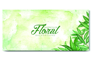 Hand drawn watercolor floral background design with green leaf