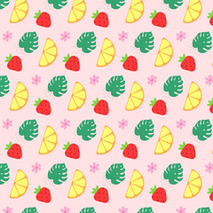 Colorful vector summer seamless pattern with fruits illustration isolated on colour background. Natural style. 