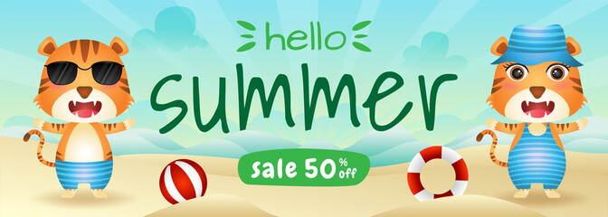 Fototapeta premium summer sale banner with a cute tiger in beach