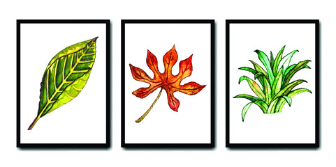 Hand drawn watercolor summer leaf set in different frames