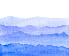 Watercolor hand drawn illustration with blue and violet waves mountains.