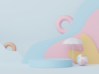 3d render of minimal display podium with summer season background concept. Minimalist pedestal for web banner and mock up.