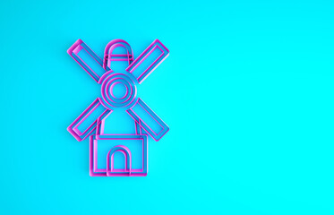 Pink Windmill icon isolated on blue background. Minimalism concept. 3d illustration 3D render