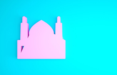 Pink Muslim Mosque icon isolated on blue background. Minimalism concept. 3d illustration 3D render