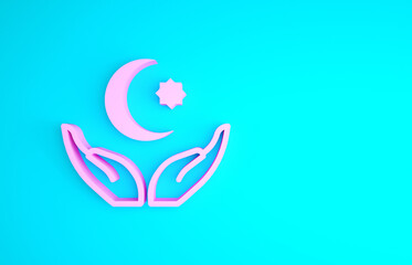 Pink Star and crescent - symbol of Islam icon isolated on blue background. Religion symbol. Minimalism concept. 3d illustration 3D render