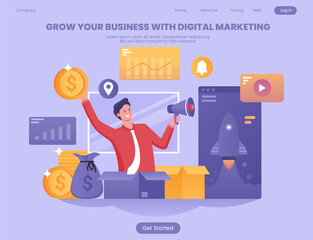 grow your business with social media marketing flat illustration concept