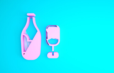 Pink Wine bottle with glass icon isolated on blue background. Minimalism concept. 3d illustration 3D render