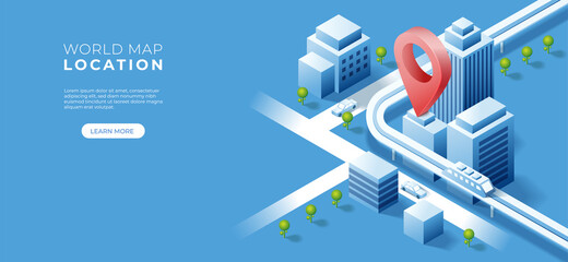 Navigator 3D isometric pin location checking on cityscape map background. Locator position point. Vector art illustration