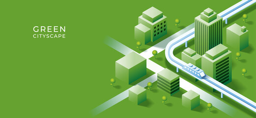 3D isometric building on urban city  background. Green and sustainability with smart city concept. Vector art illustration