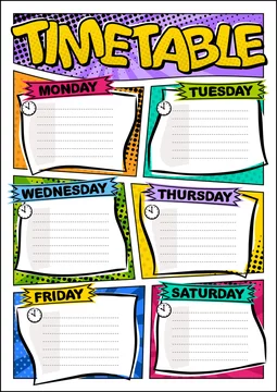 Spanish Comic template of a school schedule for 5 days of the week. Cartoon  Blank for a list of school subjects. Transaltion: Timetable, Monday,  Tuesday, Wednesday, Thursday, Friday. Vector popart Stock Vector
