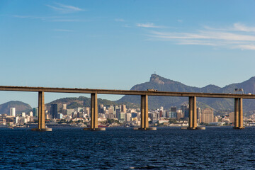 Rio - Niteroi Bridge Crossing Guanabara Bay and Rio de Janeiro City Behind With the Corcovado Mountain