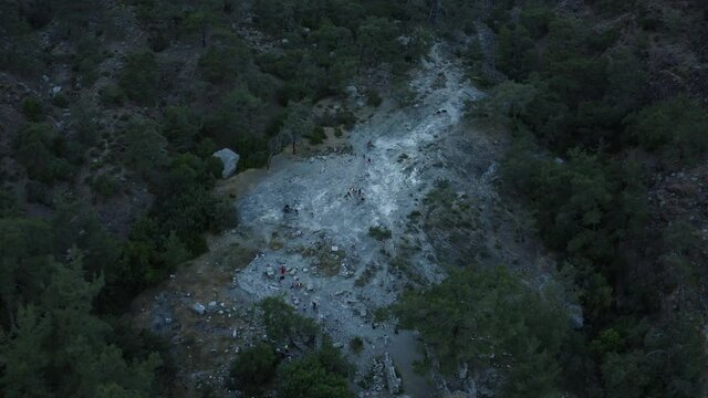 Flames of Chimera aerial view. Burning fires from vents in rocks-inspiration for the fire breathing Chimaera monster, Yanartas, Cirali, Turkey
