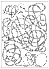 Maze game and coloring with cute turtles. Cartoon labyrinth education puzzle. Find path to baby turtle. Vector kids activity worksheet.