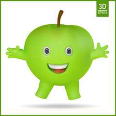 3d vector apple character. Funny and cute cartoon fruit.