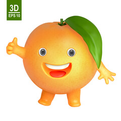3d vector orange character. Funny and cute cartoon fruit.