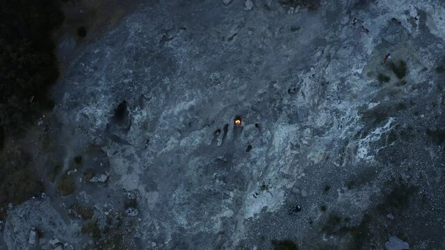 Flames of Chimera top aerial view. Burning fires from vents in rocks-inspiration for the fire breathing Chimaera monster, Yanartas, Cirali, Turkey