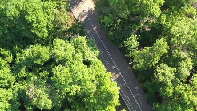 Aerial view of a running track in a city park. People are running and cycling. Healthy lifestyle