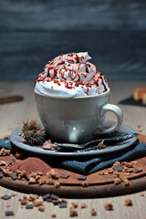 cup of hot chocolate with whipped cream and caramel sauce