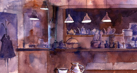 Fototapeta na wymiar watercolor drawing sketch of cafe, hand drawn illustration