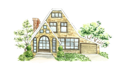 Cottage, house, country house, cozy house, country cottage. Clipart drawn in watercolor. House with green trees, front door, lawn