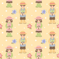 Cute gardening tools, blue and pink flowers, plants, boy and girl gardener seamless pattern on orange background