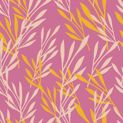 Fototapeta na wymiar Summer foliage random seamless pattern with yellow and grey leaves branches silhouettes. Pink background.
