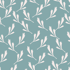 Botanic seamless pattern with random white leaves silhouettes print. Blue background. Doodle style.