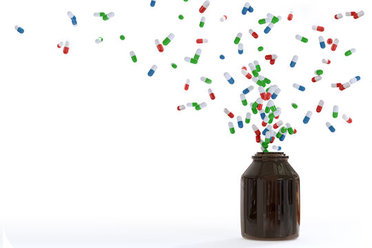 Background for health and pharmaceutical of  green ,red, blue and white pill capsules (Drug pills) drop down to bottle, On white background.3d rendering illustration.
