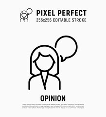 Customer feedback thin line icon. Woman with speech bubble. Review, opinion. Pixel perfect, editable stroke. Vector illustration.