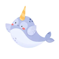 Gordijnen Cute smiling narwhal  isolated on white background. Lovely Unicor whale. Cartoon style vector illustration. Sea animal, underwater wildlife. Adorable character for kids, nursery, print   © Alina Mosinyan