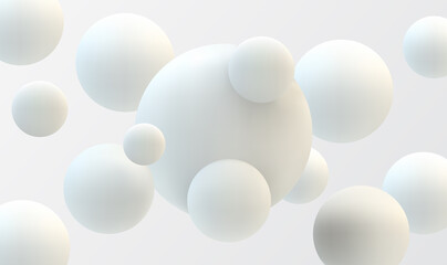 White spheres of balls on gray background. Snowy white balls. Flowing white soft spheres. Abstract background with dynamic 3d spheres. Trendy cover or banner design template. Vector illustration EPS10