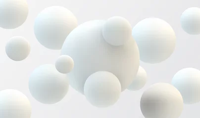 Fotobehang White spheres of balls on gray background. Snowy white balls. Flowing white soft spheres. Abstract background with dynamic 3d spheres. Trendy cover or banner design template. Vector illustration EPS10 © SappawatS