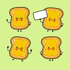 Funny cute happy toast with honey characters bundle set. Vector kawaii line cartoon style illustration. Cute toast with honey mascot character collection..